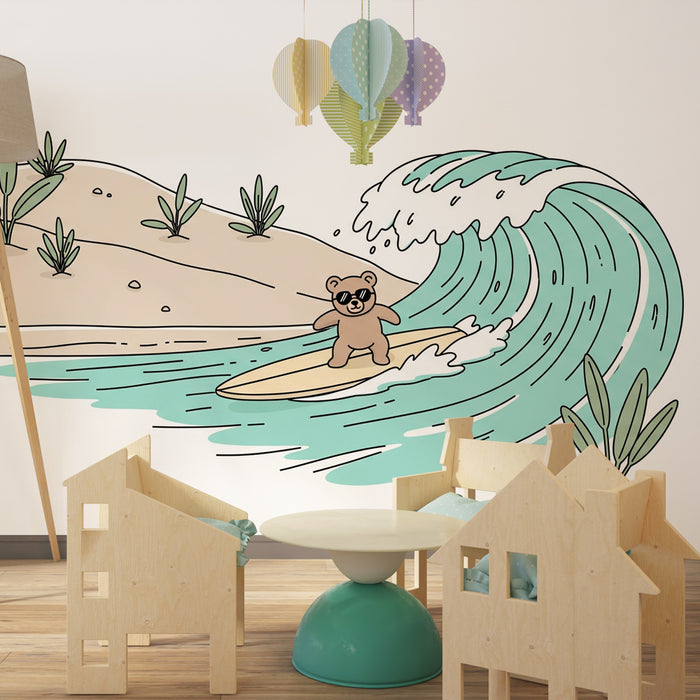 Papier peint chambre enfant | Ours sur une planche de surf