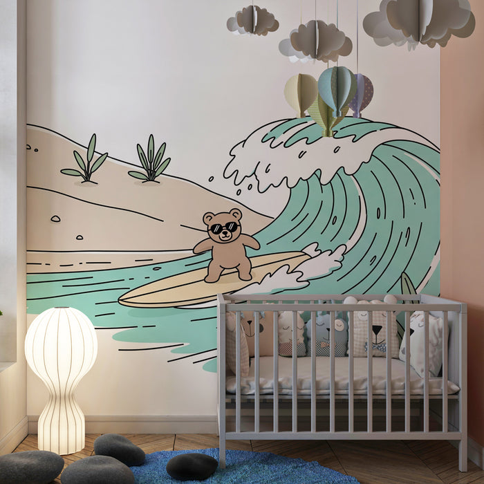 Papier peint chambre enfant | Ours sur une planche de surf
