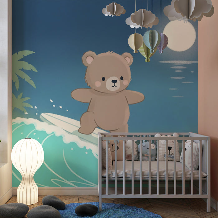 Papier peint chambre enfant | Ours surfeur sous la lune