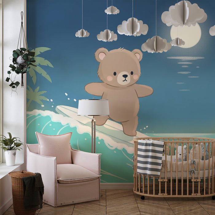 Papier peint chambre enfant | Ours surfeur sous la lune