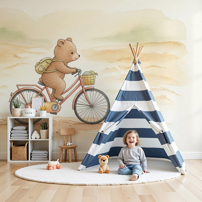 Kinderkamer behang | Beer op fiets in de natuur