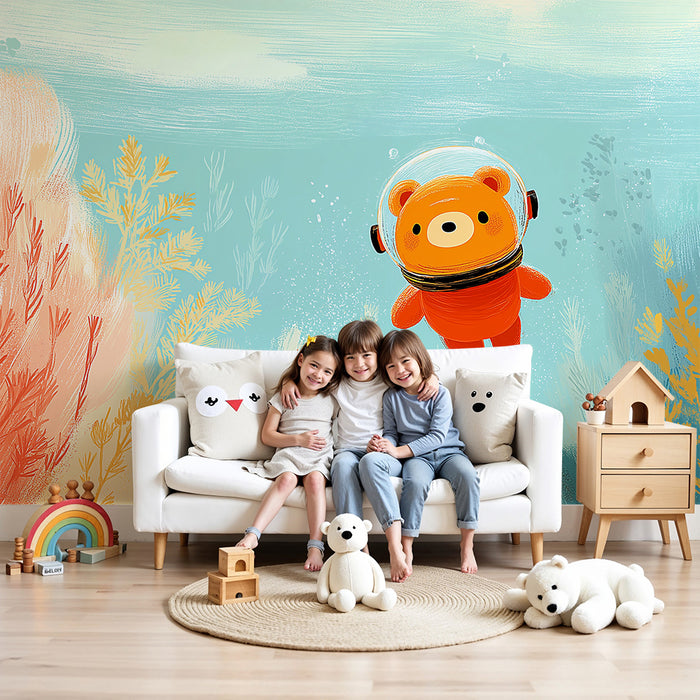 Children's bedroom wallpaper | Astronaut bear exploring the ocean depths