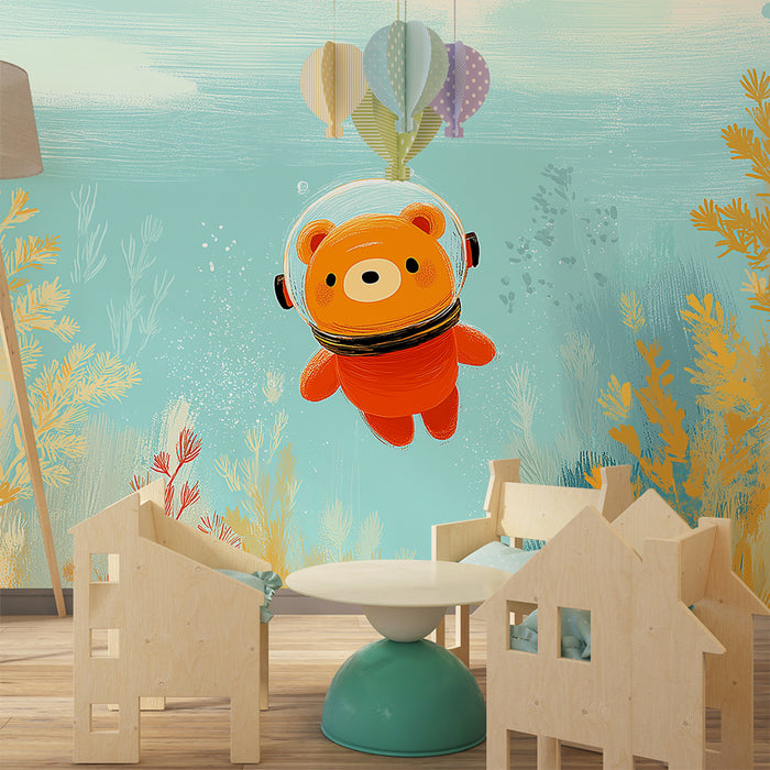 Children's bedroom wallpaper | Astronaut bear exploring the ocean depths