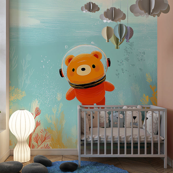 Children's bedroom wallpaper | Astronaut bear exploring the ocean depths