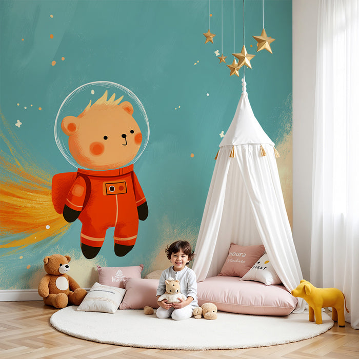 Papel de parede criança | Urso astronauta flutuando no espaço