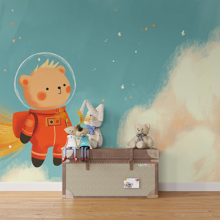 Papel de parede criança | Urso astronauta flutuando no espaço