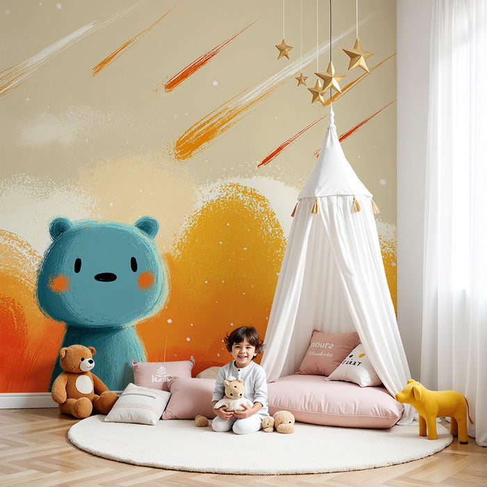 Kinderzimmer Tapete | Blauer Bär unter einem Regen von Sternschnuppen