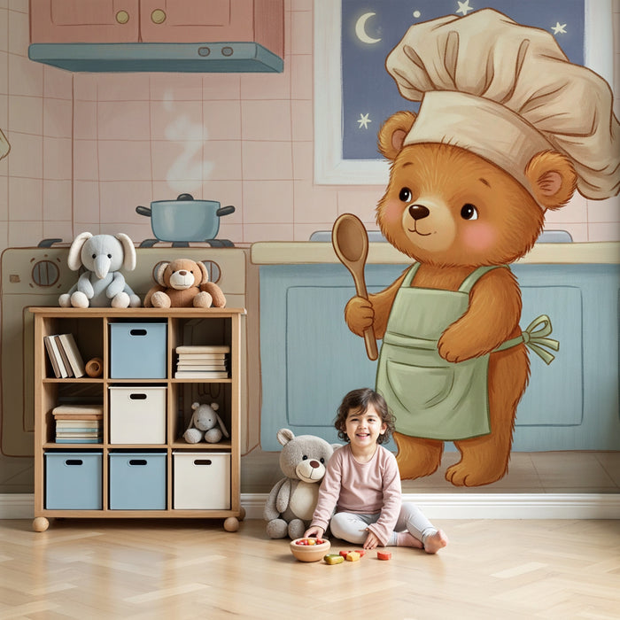 Carta da parati bambini | Orso chef cuoco nella sua cucina