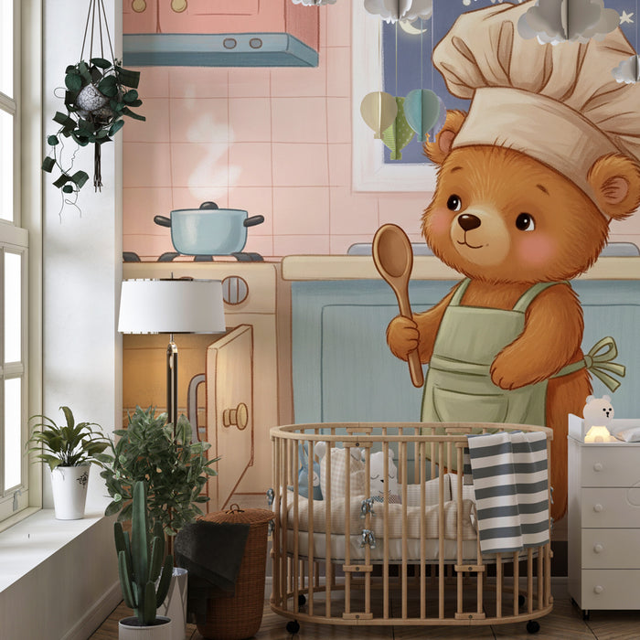 Carta da parati bambini | Orso chef cuoco nella sua cucina