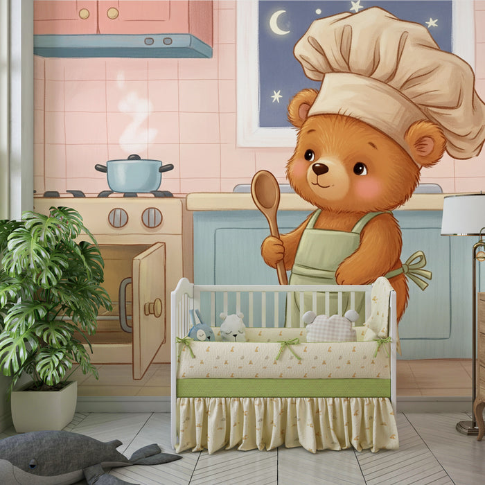 Carta da parati bambini | Orso chef cuoco nella sua cucina
