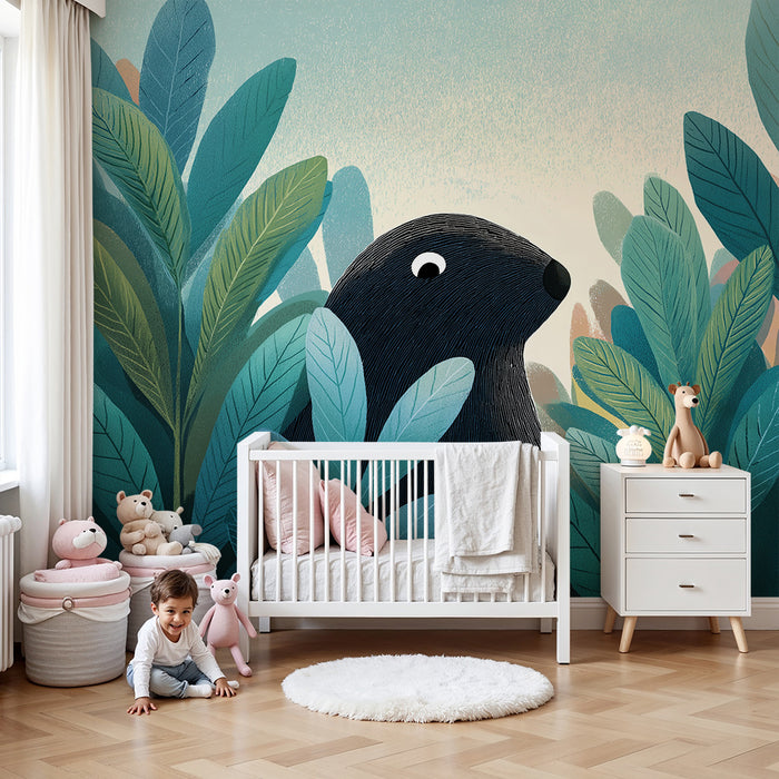 Papier peint chambre enfant | Ourson curieux caché dans la verdure