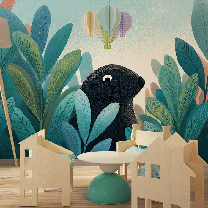 Papier peint chambre enfant | Ourson curieux caché dans la verdure