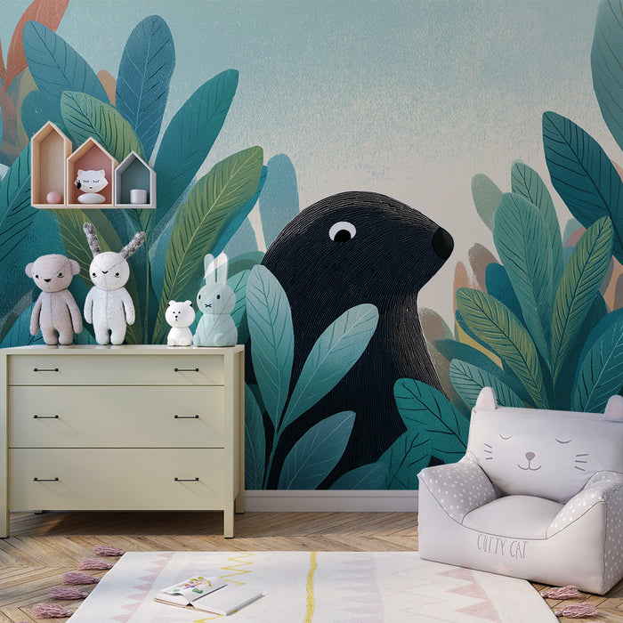 Papier peint chambre enfant | Ourson curieux caché dans la verdure
