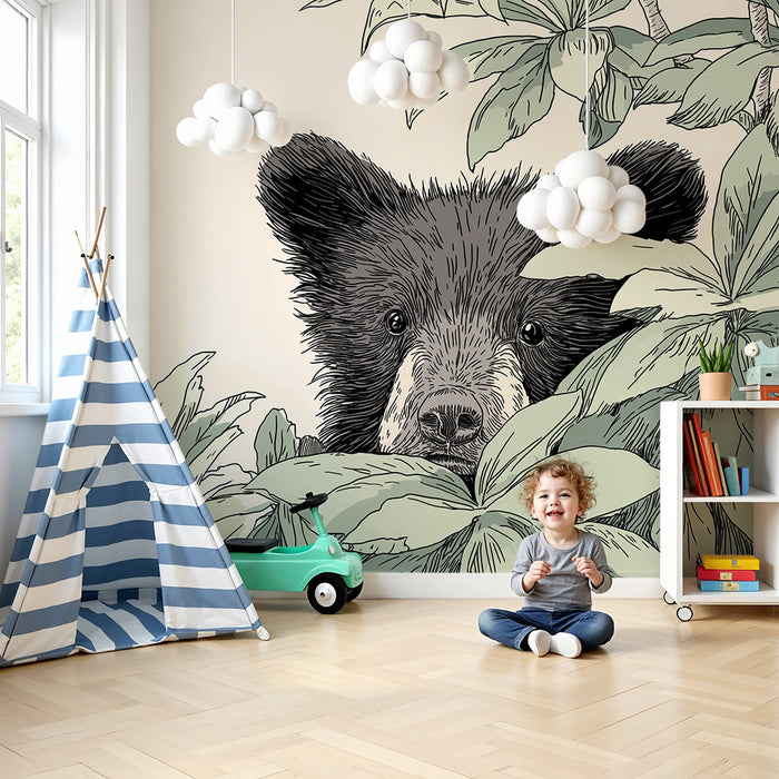 Kids room wallpaper | Curious bear hidden among the foliage
