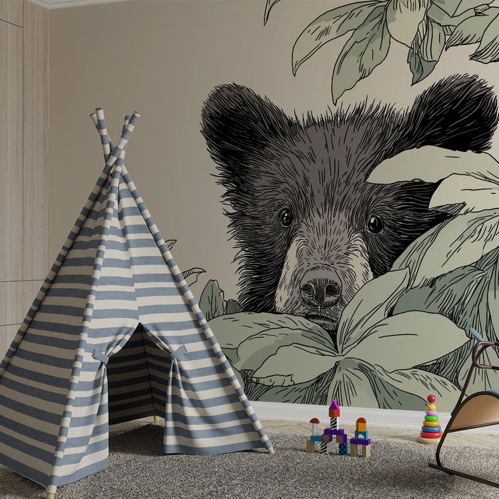 Kids room wallpaper | Curious bear hidden among the foliage