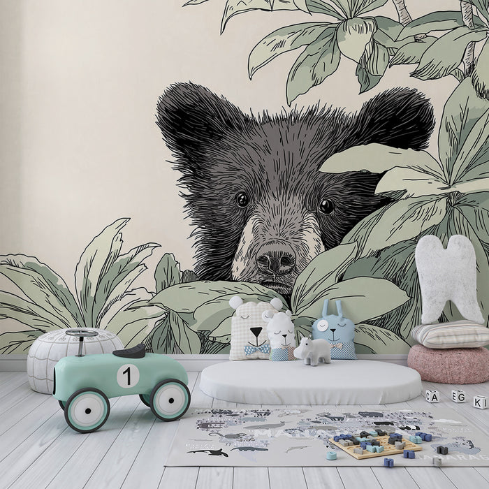 Kids room wallpaper | Curious bear hidden among the foliage