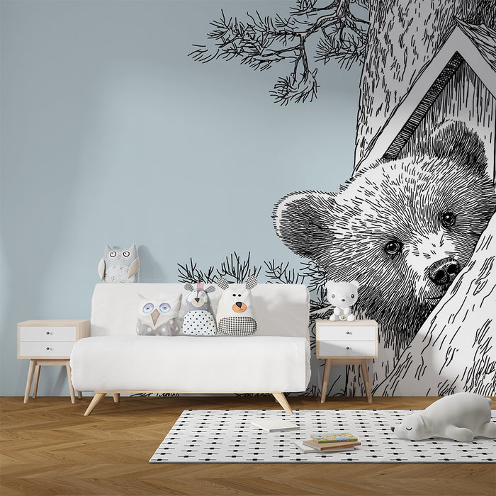 Kinderzimmer Tapete | Neugieriger Bär im Baum