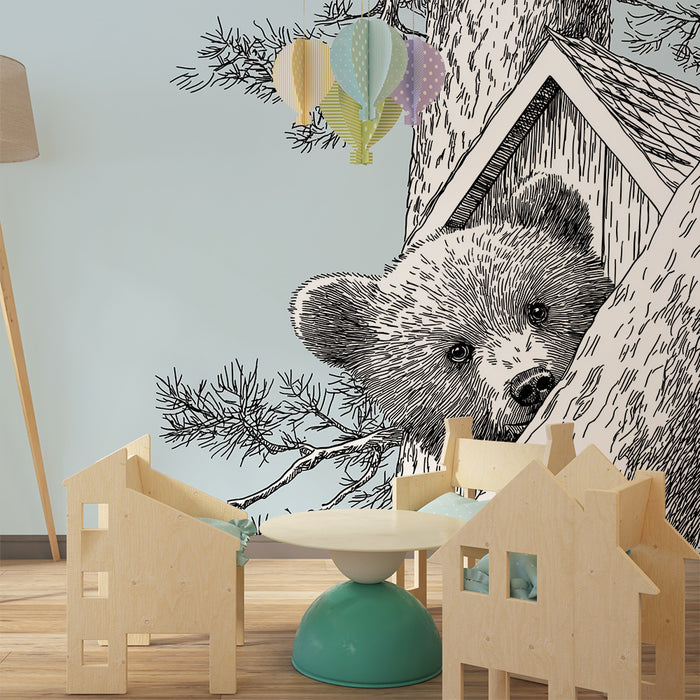 Kinderzimmer Tapete | Neugieriger Bär im Baum