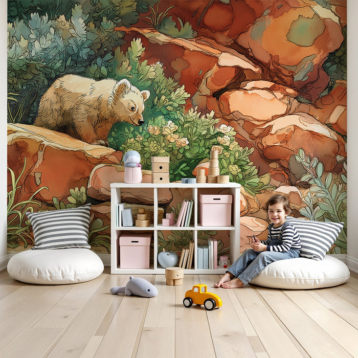 Papier peint chambre enfant | Ourson curieux explorant la nature sauvage