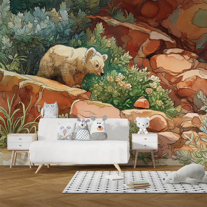 Papier peint chambre enfant | Ourson curieux explorant la nature sauvage