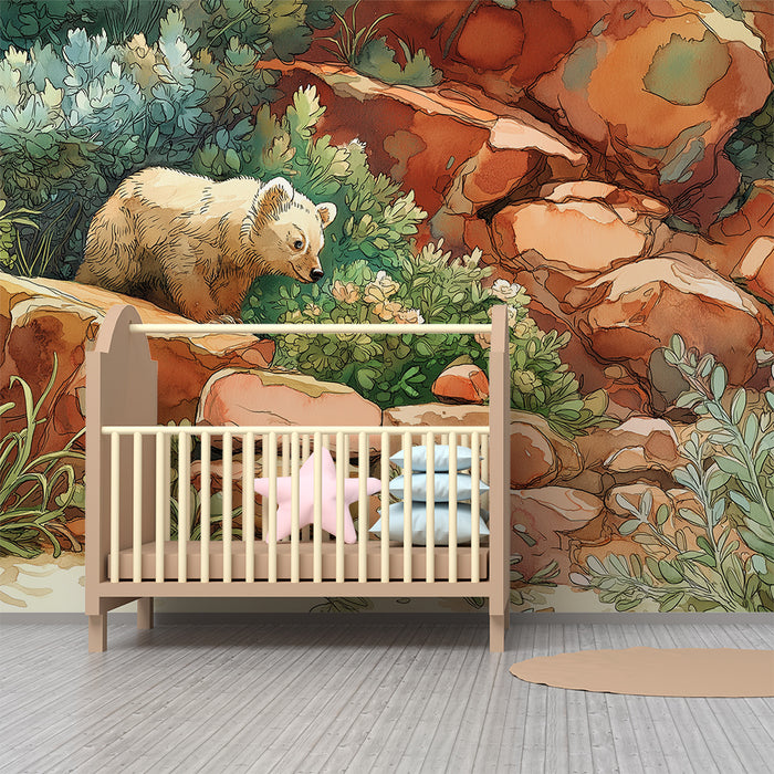 Papier peint chambre enfant | Ourson curieux explorant la nature sauvage