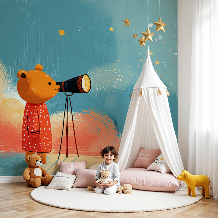 Papel pintado infantil | Osito curioso observando las estrellas con su telescopio