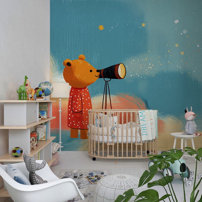 Papel pintado infantil | Osito curioso observando las estrellas con su telescopio