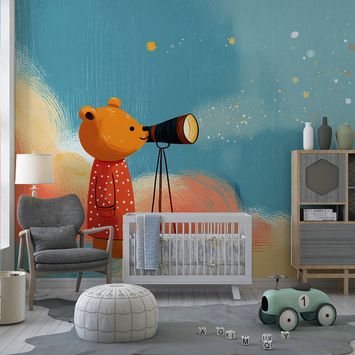 Papel pintado infantil | Osito curioso observando las estrellas con su telescopio