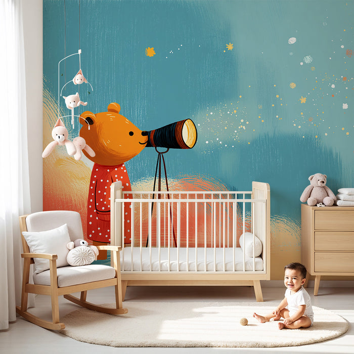 Papel de parede criança | Urso curioso observando as estrelas com um telescópio