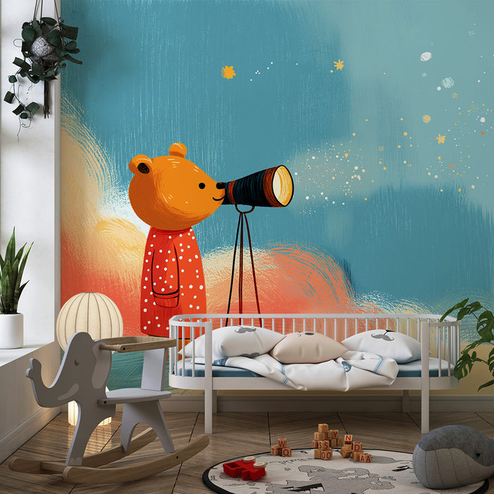 Papel de parede criança | Urso curioso observando as estrelas com um telescópio