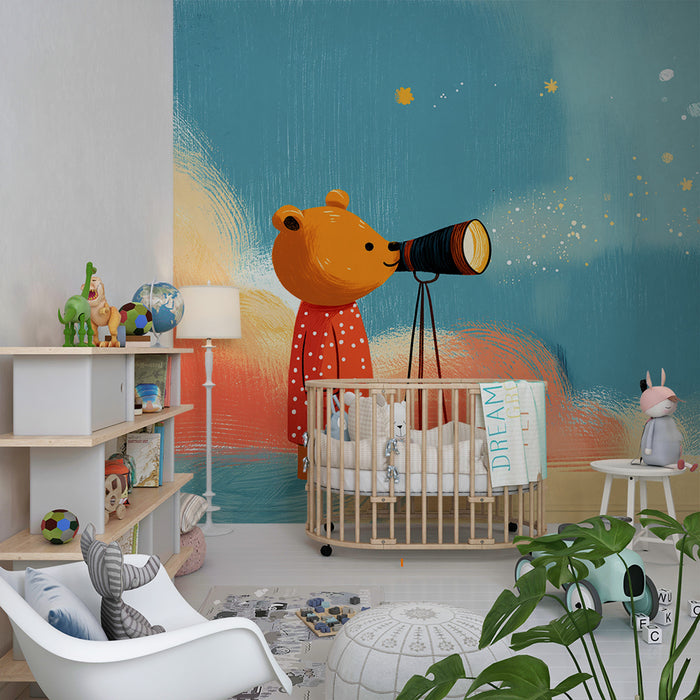 Papel de parede criança | Urso curioso observando as estrelas com um telescópio