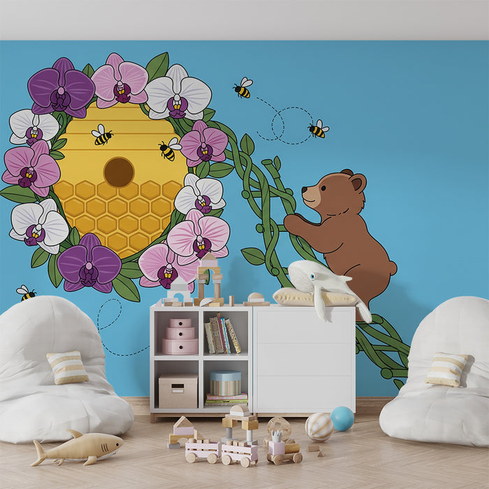 Børneværelses-tapet | Nysgerrig bjørn blandt blomster og bier