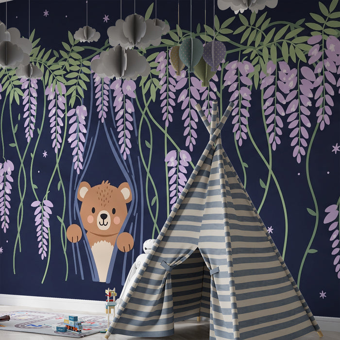 Børneværelse tapet | Nysgerrig bjørn under blomsterne