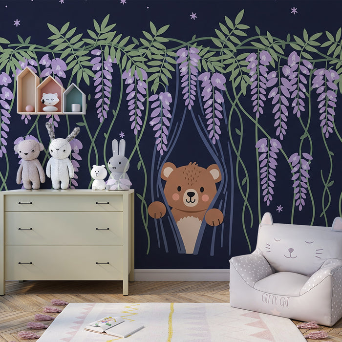 Børneværelse tapet | Nysgerrig bjørn under blomsterne