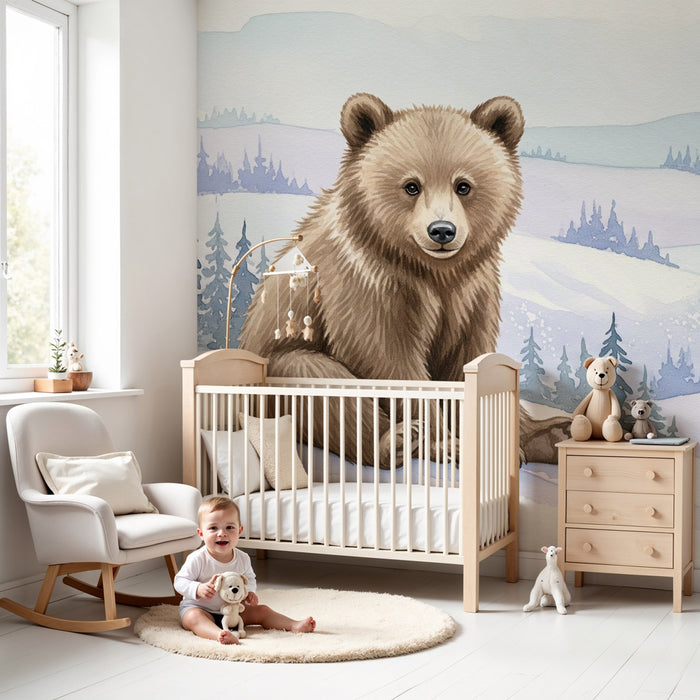 Papier peint chambre enfant | Ourson dans un paysage enneigé