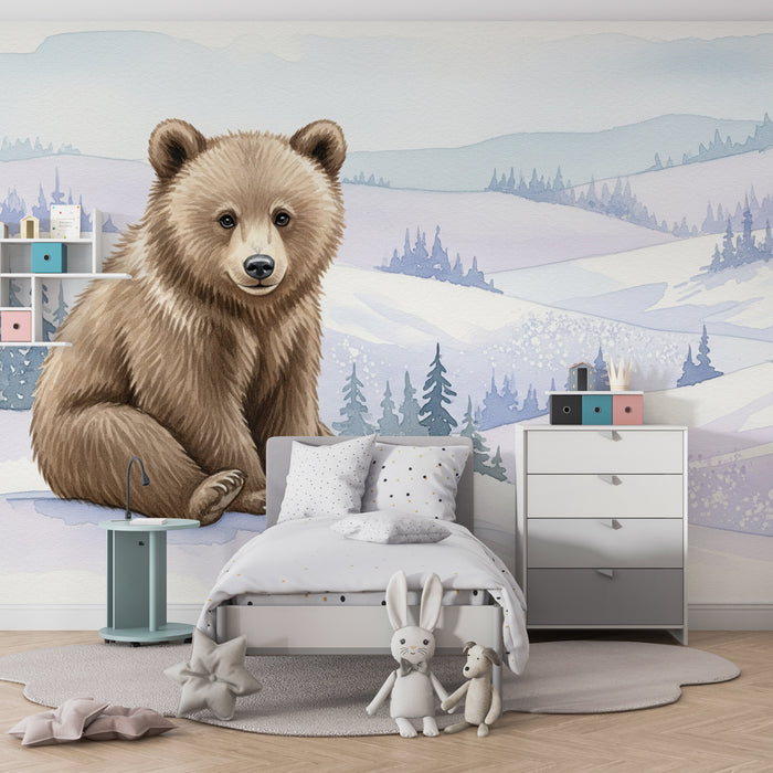 Papier peint chambre enfant | Ourson dans un paysage enneigé
