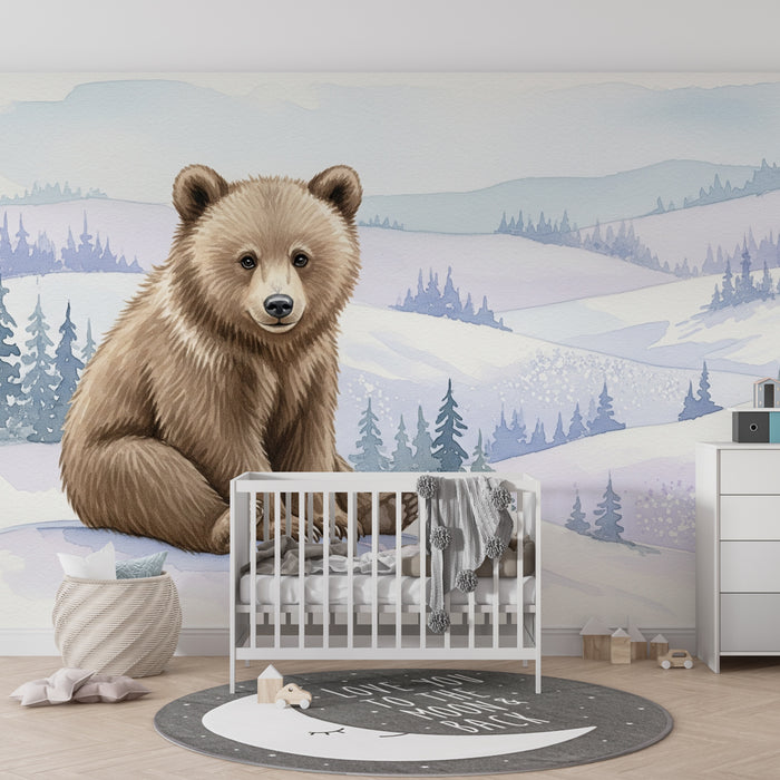 Papier peint chambre enfant | Ourson dans un paysage enneigé