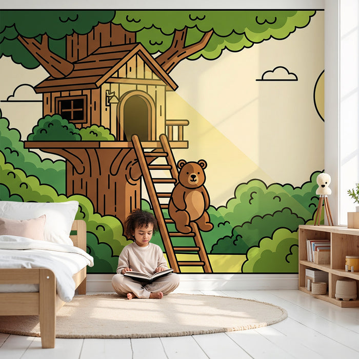 Papel pintado infantil | Oso delante de una cabaña en los árboles