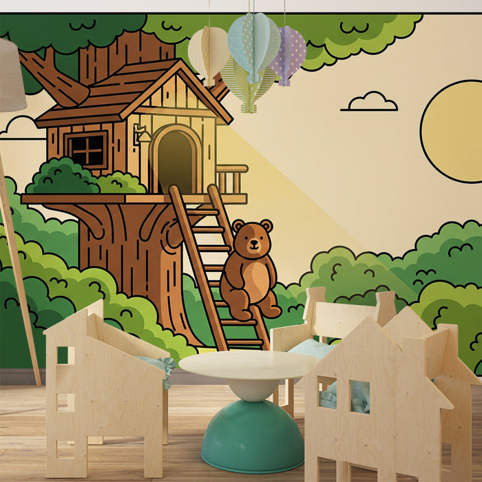 Papel pintado infantil | Oso delante de una cabaña en los árboles
