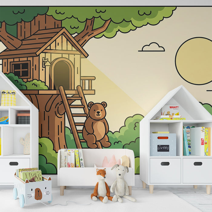 Papel pintado infantil | Oso delante de una cabaña en los árboles