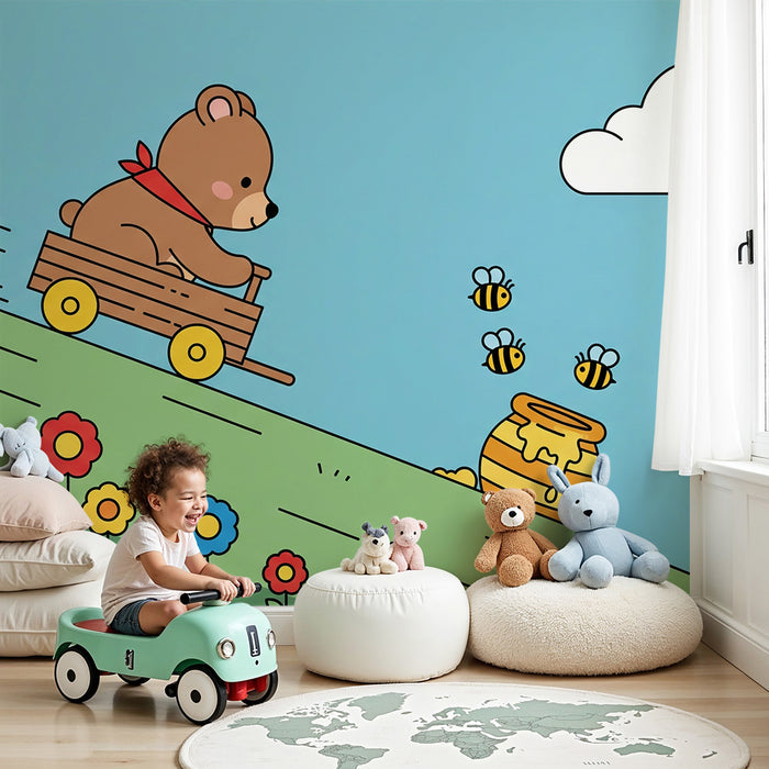 Papel de parede para quarto de criança | Ursinho brincalhão em carrinho com flores coloridas e abelhas