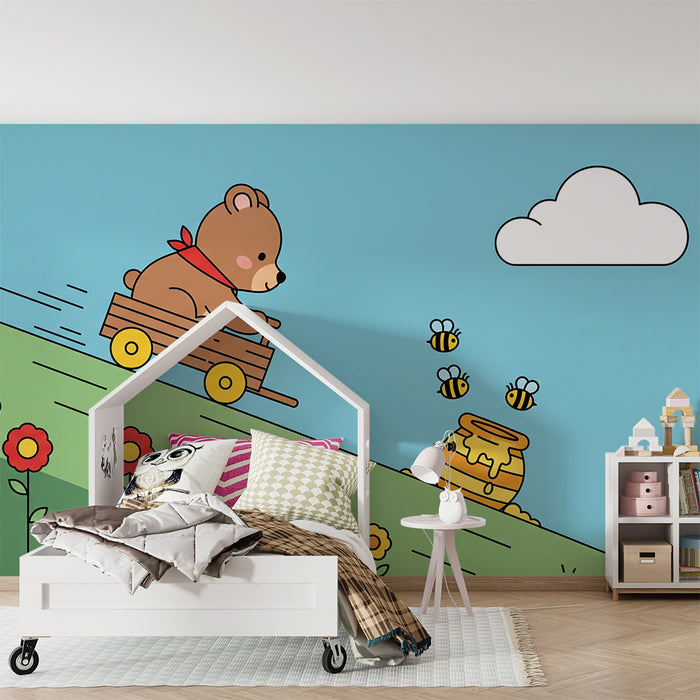 Papel de parede para quarto de criança | Ursinho brincalhão em carrinho com flores coloridas e abelhas