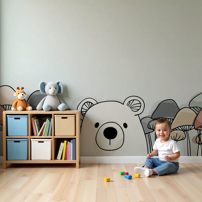 Papier peint chambre enfant | Ourson et champignons