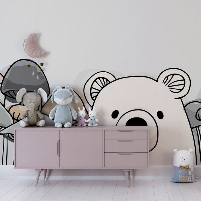 Papier peint chambre enfant | Ourson et champignons