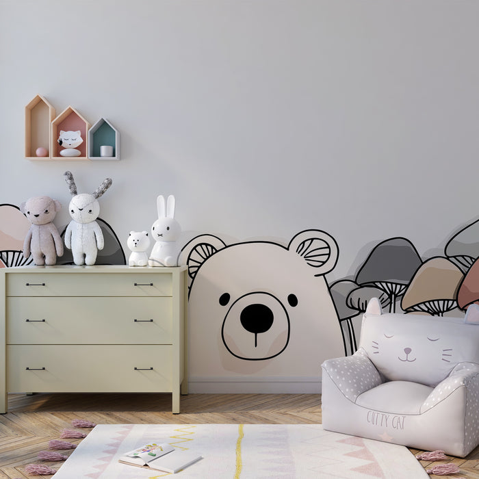 Papier peint chambre enfant | Ourson et champignons
