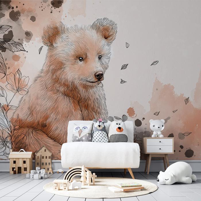 Kids room wallpaper | Teddy bear and delicate flowers