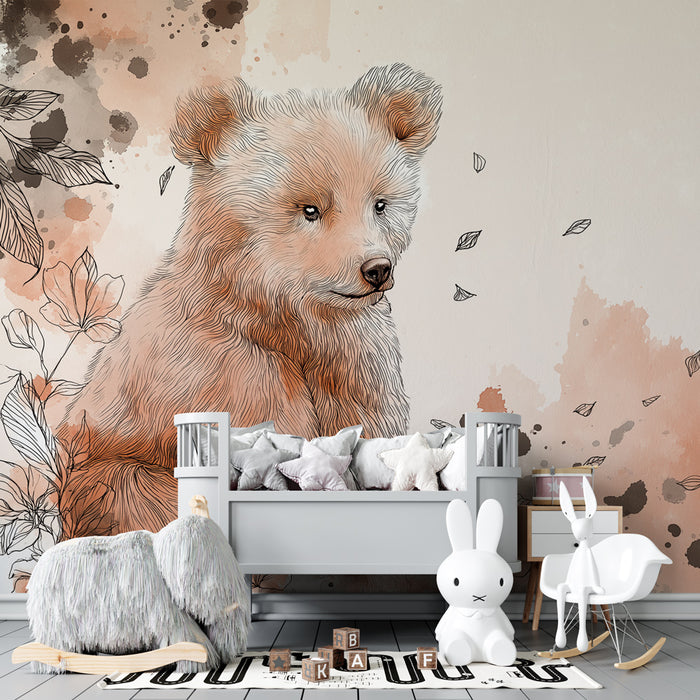 Kids room wallpaper | Teddy bear and delicate flowers