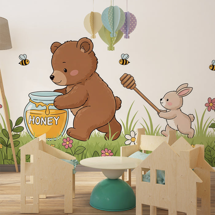 Papier peint chambre enfant | Ourson et lapin dans un champ fleuri avec miel