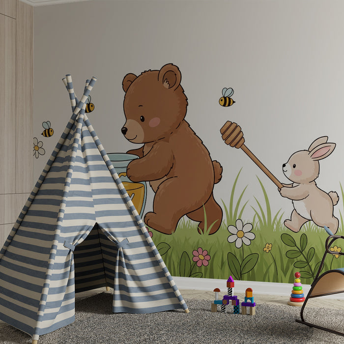 Papier peint chambre enfant | Ourson et lapin dans un champ fleuri avec miel