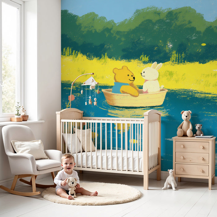 Papier peint chambre enfant | Ourson et lapin en barque sur un lac paisible